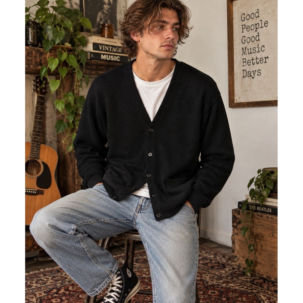 VTG Towncraft Cardigan Sweater L Black USA Grunge Grandpa Mr Rogers Cobain